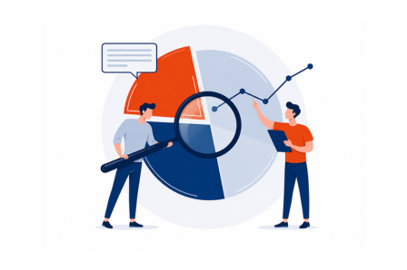 Recruter de nouveaux clients, les fidéliser, Mars Conseil vous accompagne - Marseille, France entière Deux personnes analysent un graphique, avec des dialogues et des outils de mesure.